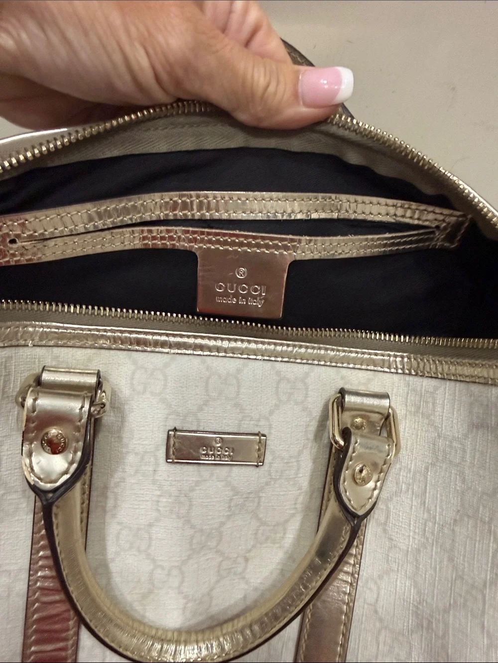 Authentic Gucci Joy Boston Bag with Metallic Silver Trim
